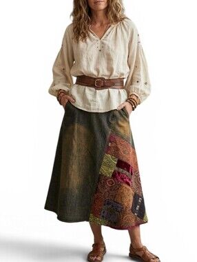 VTG René Derhy Patchwork Denim Maxi Skirt Boho Y2K Artsy USA 14